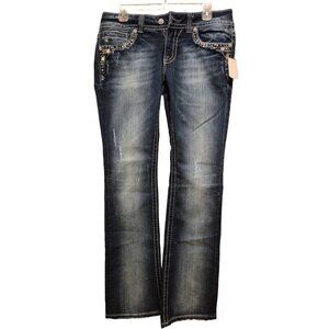 NWT Women's Miss Me Blue Denim Rhinestone Distressed Cowgirl Bootcut Jeans Sz 31
